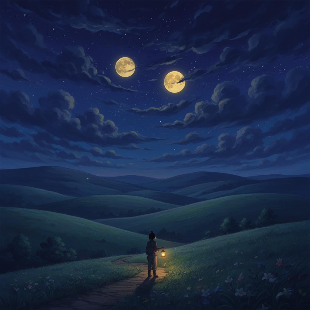 traveller looking at valley with twin moon in the sky